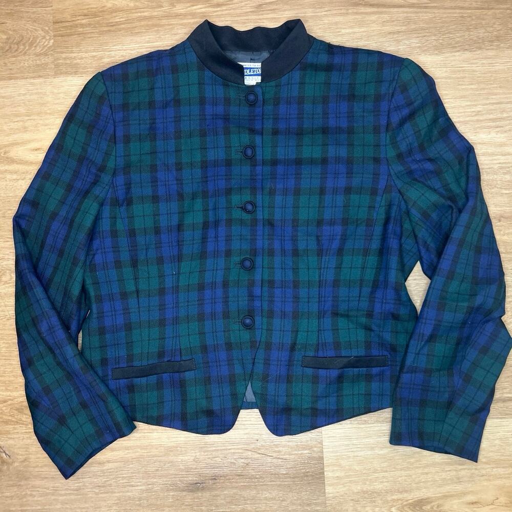 Vintage Pendleton Women 12 Wool Plaid Jacket Cropped Green Blue Tartan Lined